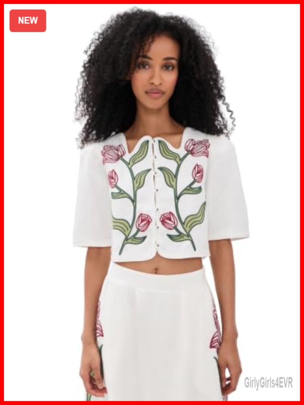 Linen Flower Crop Top Embroidered Floral Applique Square Neck